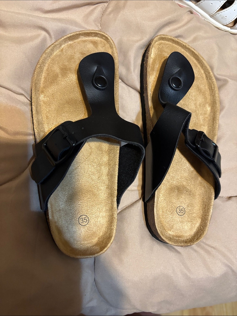 Black Toe-Post Slide Sandals on Tan Footbed